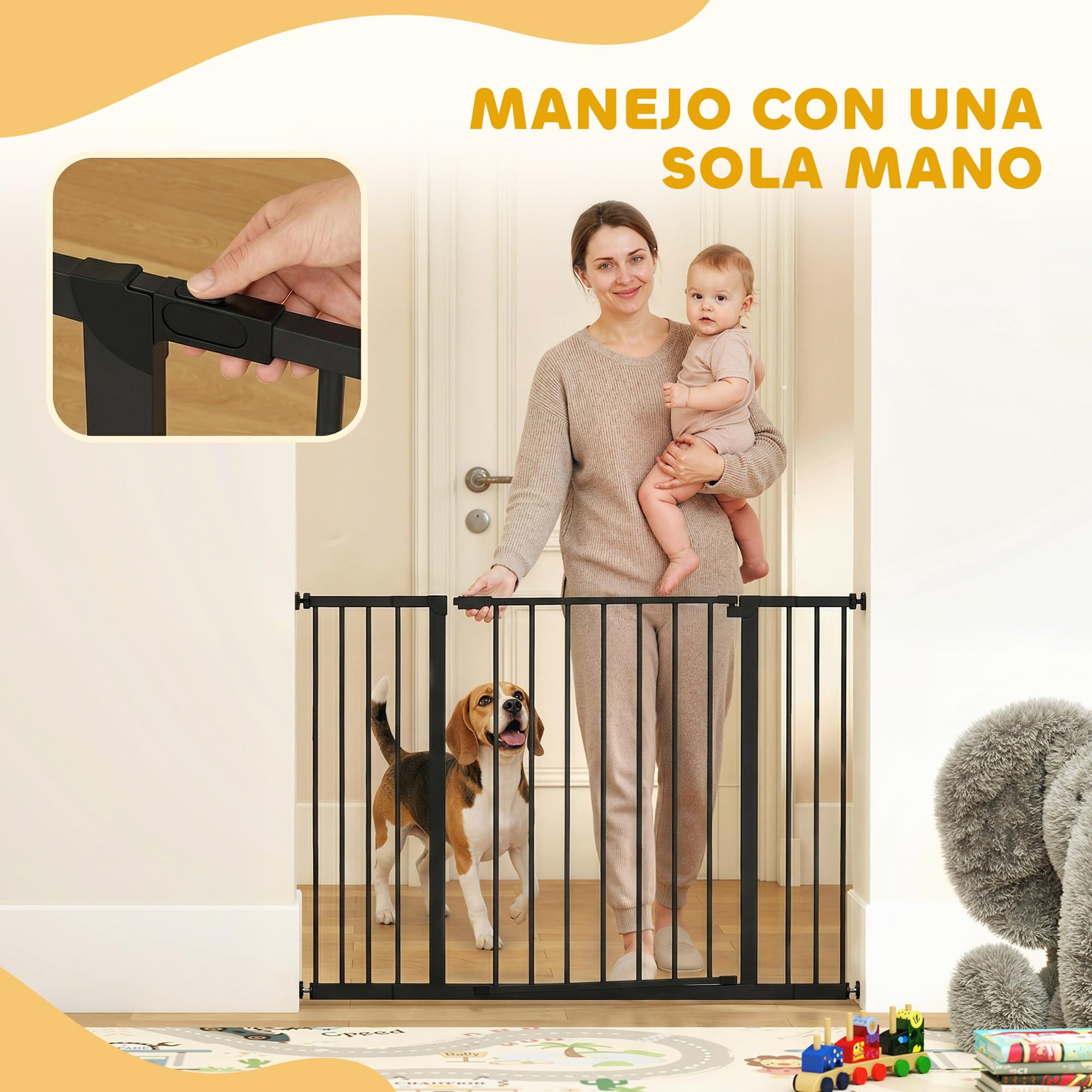 PawHut Barrera de Seguridad Extensible para Puertas y Escaleras para Perros y Bebé, Barrera para Mascotas, Ajuste a Presión, Apertura con Una Sola Mano, 2 Extensiones 15/10 cm, 76-107x76 cm, Negro — view 7