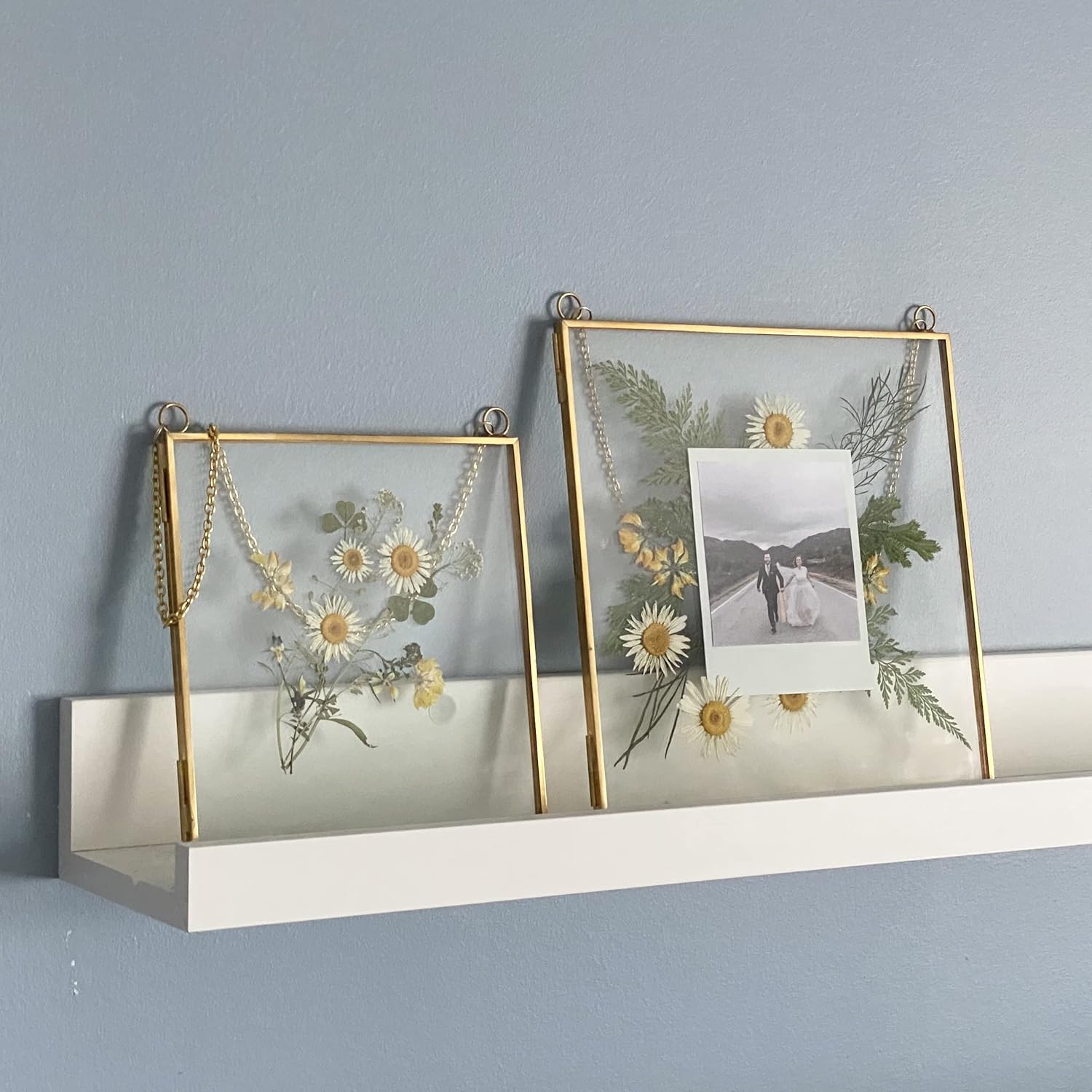 Double Glass Frame for Pressed Flowers, Leaf and Artwork - Set of 2 Hanging Picture Frames, Tempered Glass Floating Pressed Flower Frames, Large Rectangular Wall Decor Photo Display, Clear Metal Glass Frames with Chain (8x10, Gold)