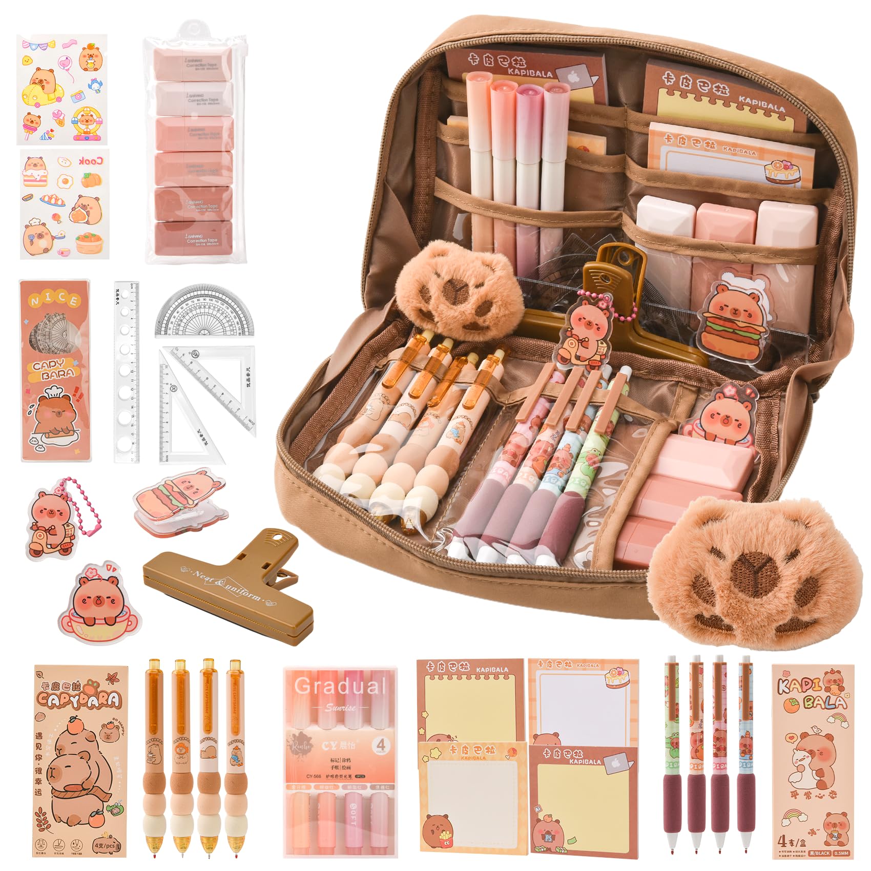 Capybara Schreibwaren Set, Capybara Federmäppchen mit Fächern, Süßes Capybara Mäppchen Geschenkset für Kinder & Schüler, Inkl. Stifte, Clips, Linealen und Mehr, für Schule, Büro, Kunst