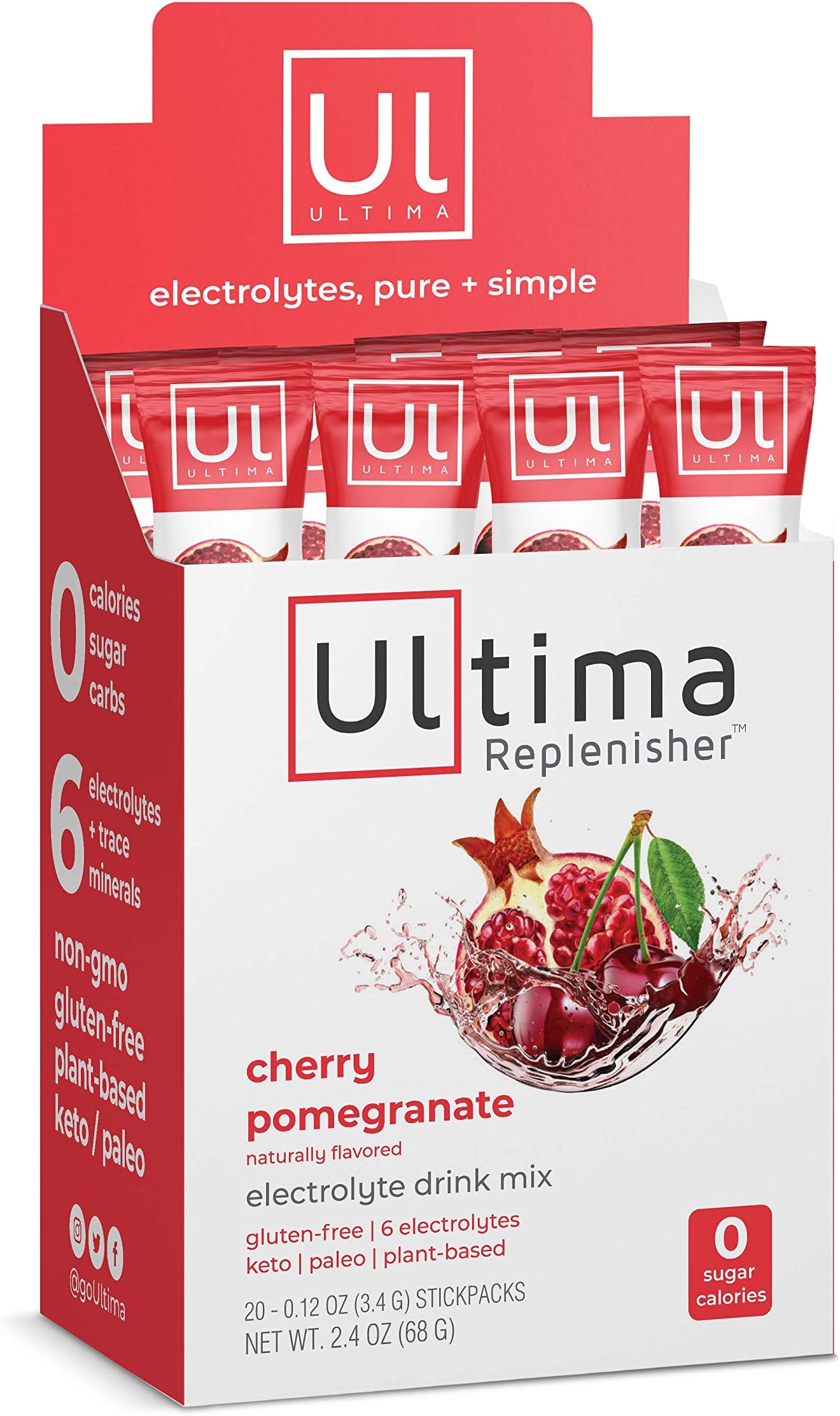 Ultima Replenisher Electrolyte Powder, SugarโFree Hydration Mix with Balanced Electrolytes and Essential Minerals to Support Energy, Endurance and Recovery โ Cherry Pomegranate โ 20 Packets