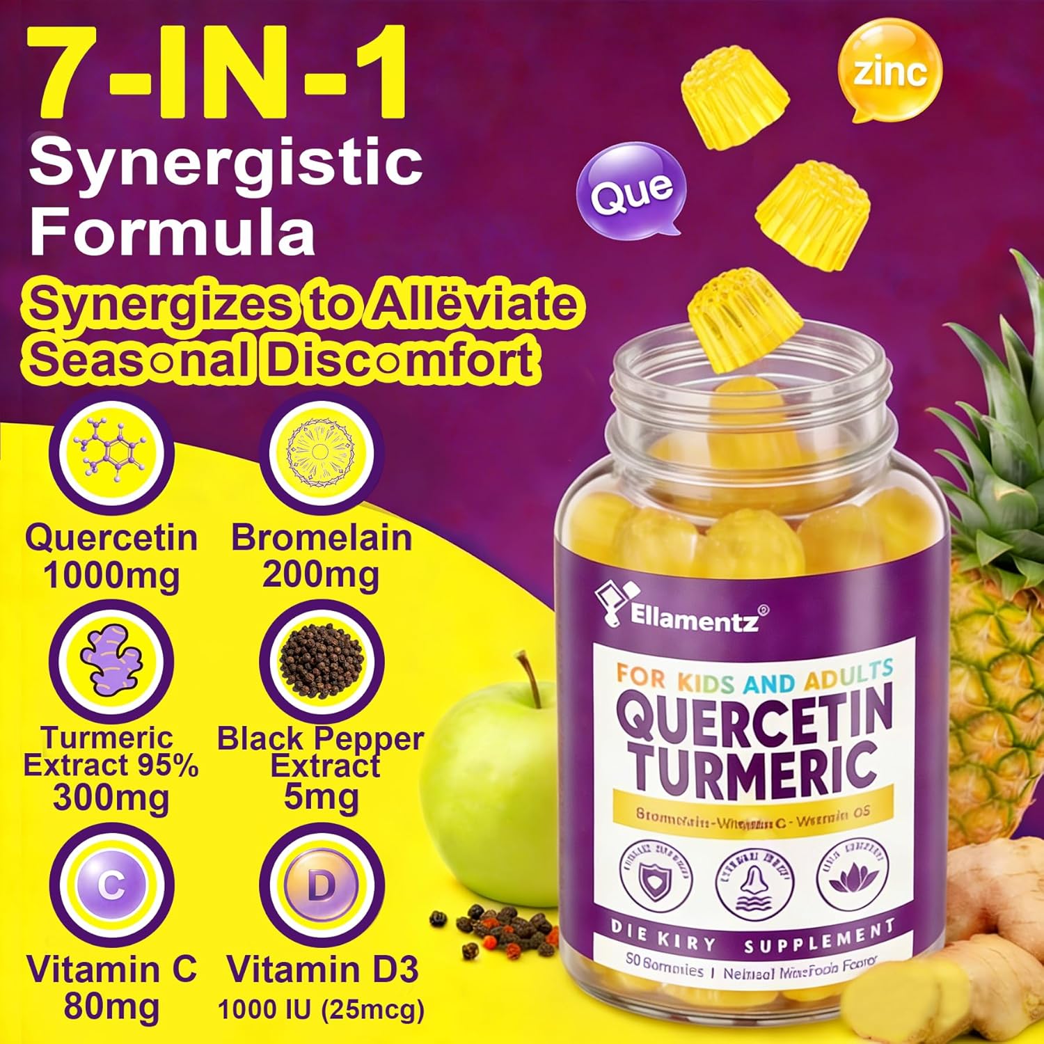 ELLAMENIZ Quercetin Gummies 1000mg for Kids & Adults with Bromelain and Turmeric Black Pepper Extract, Vitamin C, Zinc & D3 –Seasonal & Immune Health, Antioxidant Support – Family Friendly 2 Pack