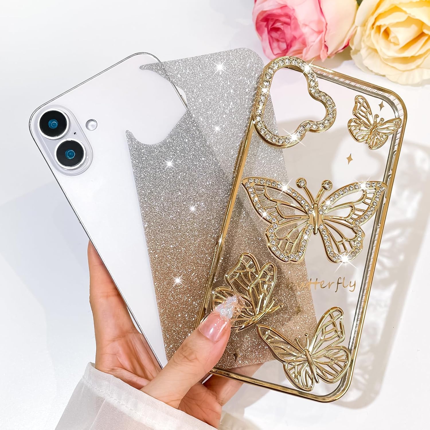 Bonoma Glitter Case for iPhone 16 Plus, Cute 3D Butterfly Pattern Plating Bling Case,Camera Protection Sparkly Slim Soft Back Cover for Women Girls,Gold - Image 6
