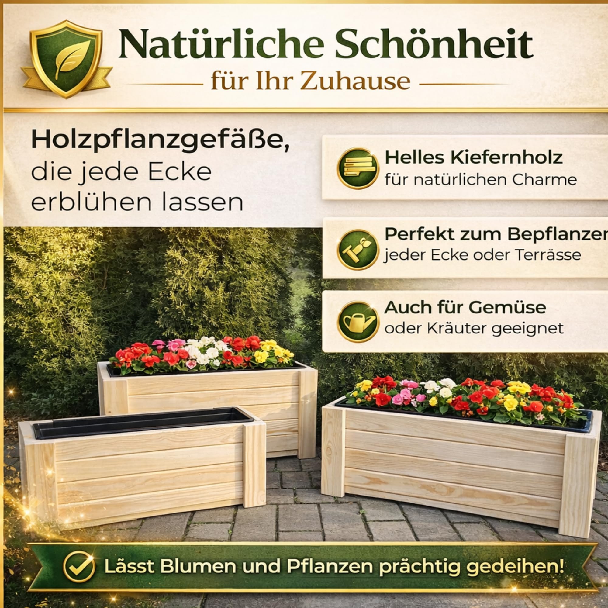 Holz Pflanzkübel Groß Außen 82,5 x 21,5 x 25 cm Pflanzkasten Blumenkübel Outdoor Rechteckig Blumenkasten für Garten Balkon und Terrasse Rohholz