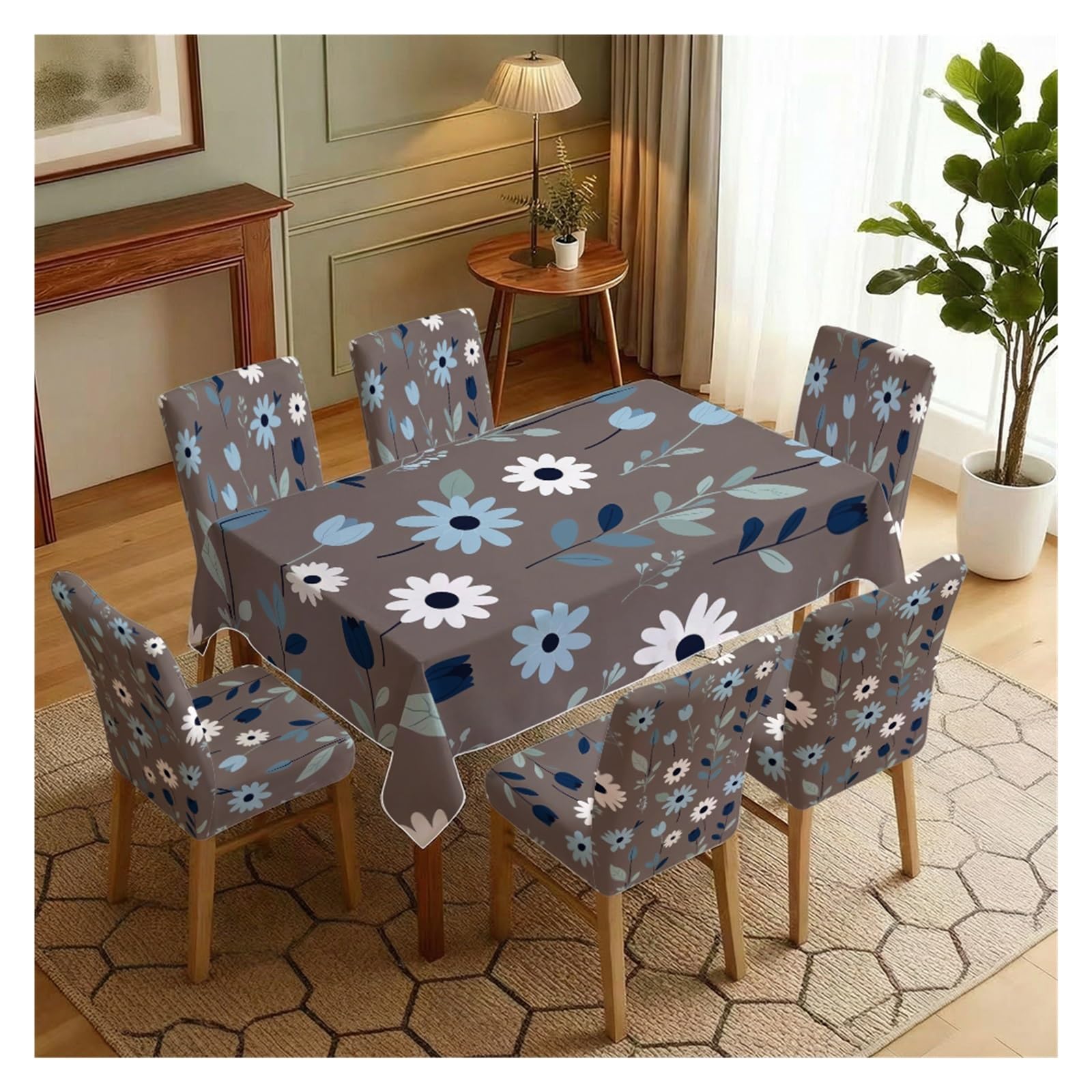 BOSUYBN Grey Base Blue White Simple Daisy Floral Dining Tablecloth & Chair Covers Set, 5/7 Piece Minimal Neutral Casual Cottage Dining Home Decor Table Setting(7pcs Set: Tablecloth+Chair Covers)