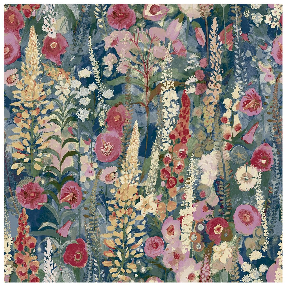 YöL Lupin Navy Wallpaper Multicoloured Floral Watercolour - Washable Peelable 10.05m x 53cm Roll - Contemporary Versatile - Feature Statement Wall - Bedroom Dining Room Living Room Kids Room Decor