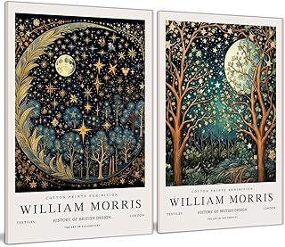 William Morris Canvas Wall Art Set of 2, Vintage Moon & Stars Posters Prints Painting Art, Framed Botanical Art Wall Decor...