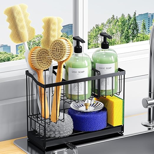 2 Tier Sponge Holder for Kitchen Sink Caddy,Sink Organizer Storage with High Brush Holder,Kitchen Countertop Organizers and Storage Essentials,Soap Dispenser Organize with Drain Tray 