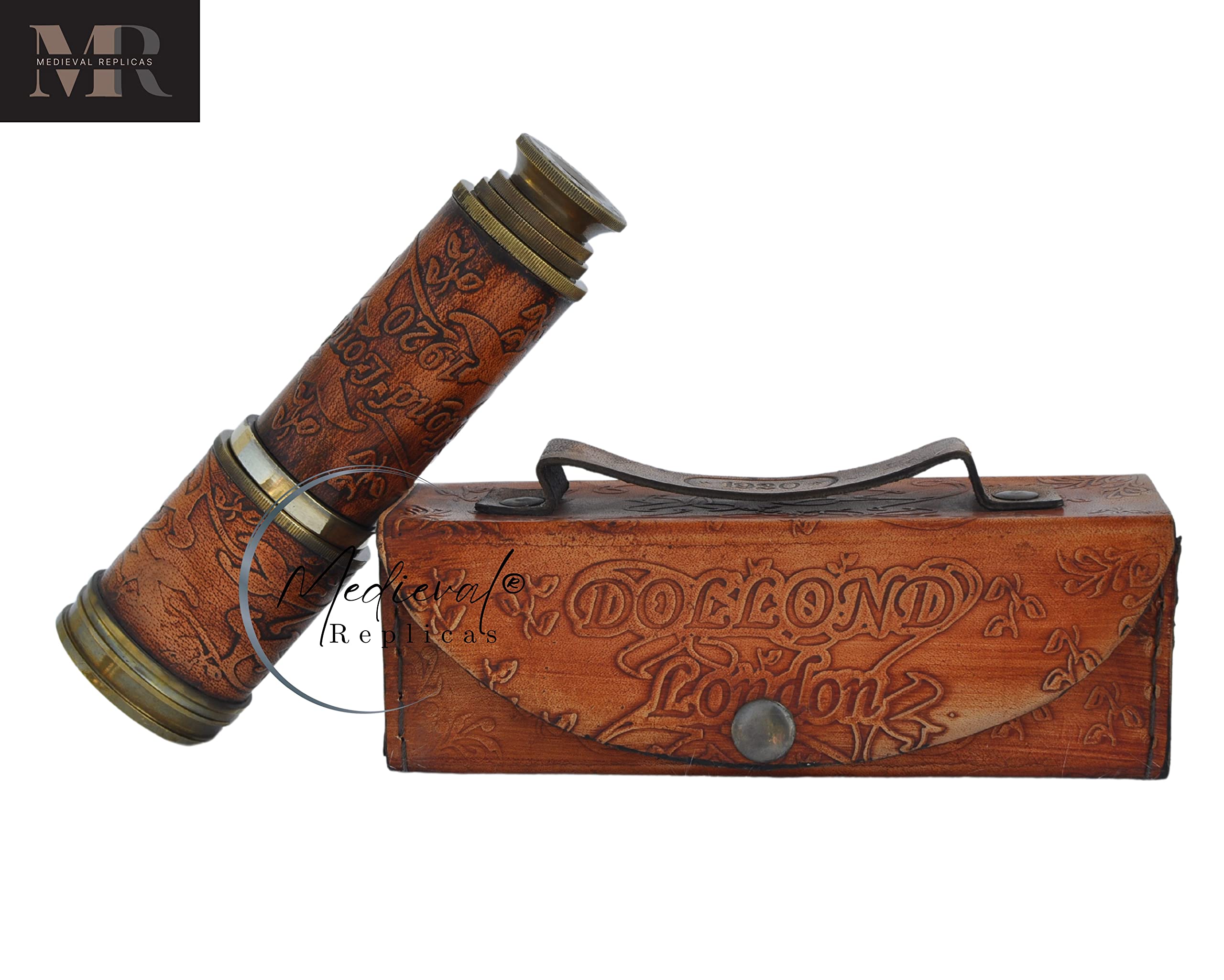 Telescopio de trabajo de latón completo de la mirada antigua de 16 pulgadas/esfera decorativa de los niños de la réplica de Spyglass en caja de cuero 2