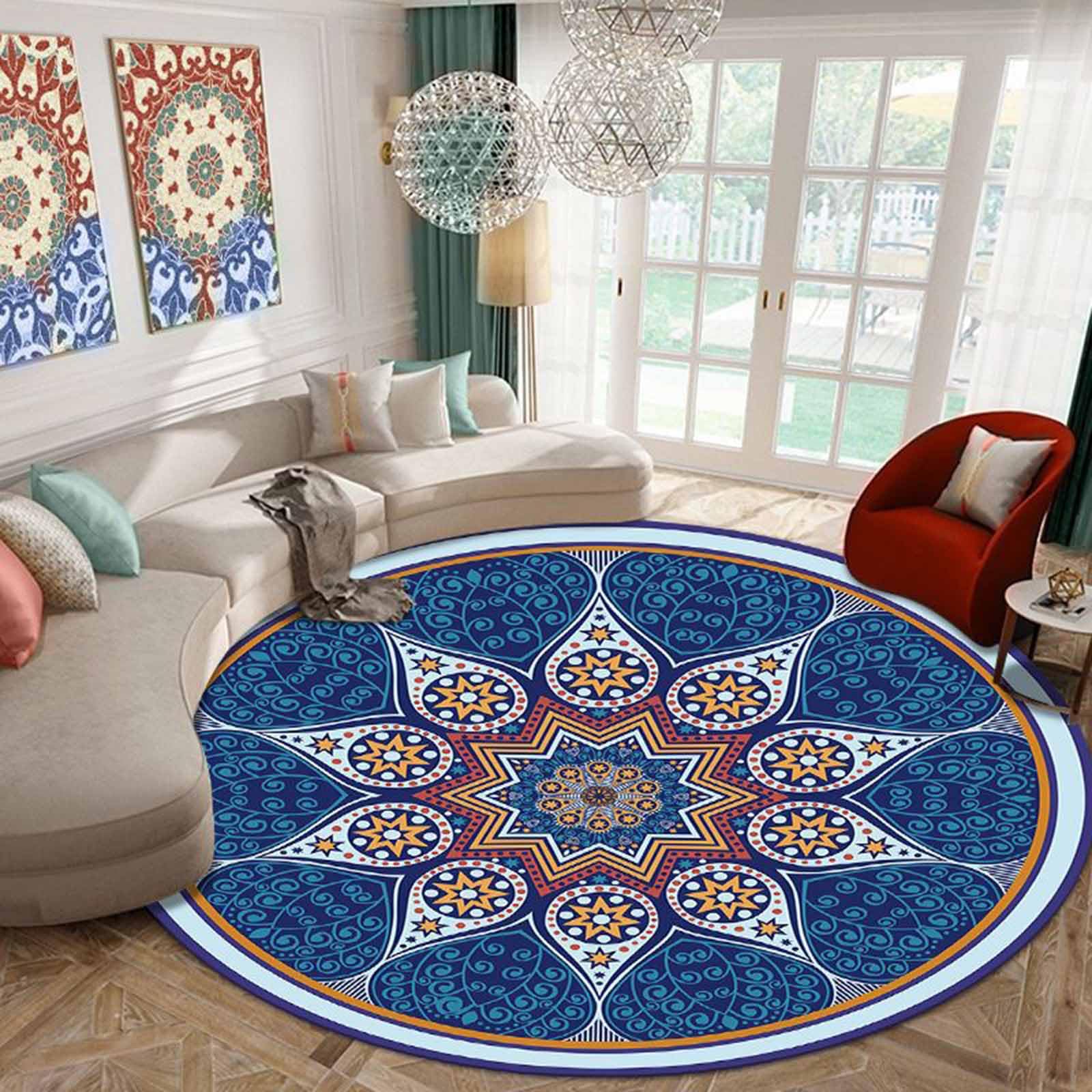 Tapis de Couloir Classique Rond pour Salon Bleu Orange 60cm 80cm 100cm 120cm 140cm 160cm 180cm 200cm Tapis résistant Chambre à Coucher Salle Classe