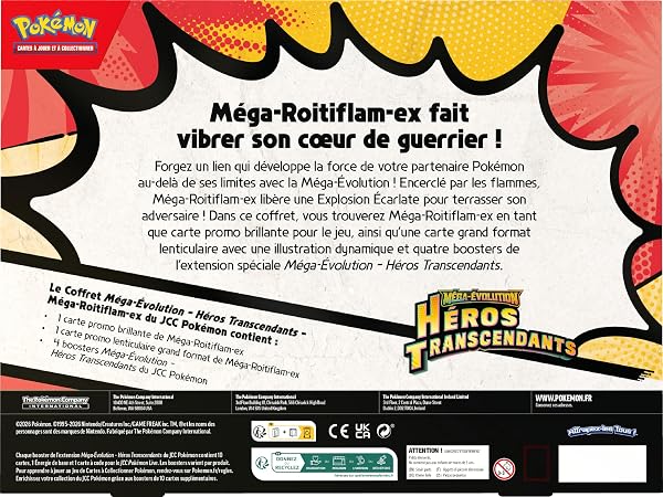 Pokémon : Coffret Méga-Évolution – Héros Transcendants – Méga-Roitiflam-ex (1 Carte Promo Brillante, 1 Carte Grand Format lenticulaire et 4 boosters) - 4