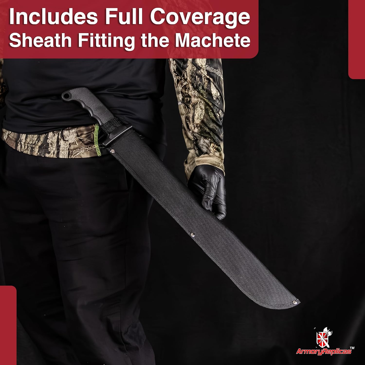 Armory Replicas - Night Stalker Sawback Latin Functional Outdoor Machete Knife - 17.75" Carbon Steel Blade, Anodized Black Finish, Rubberized Handle, Nylon Sheath Included