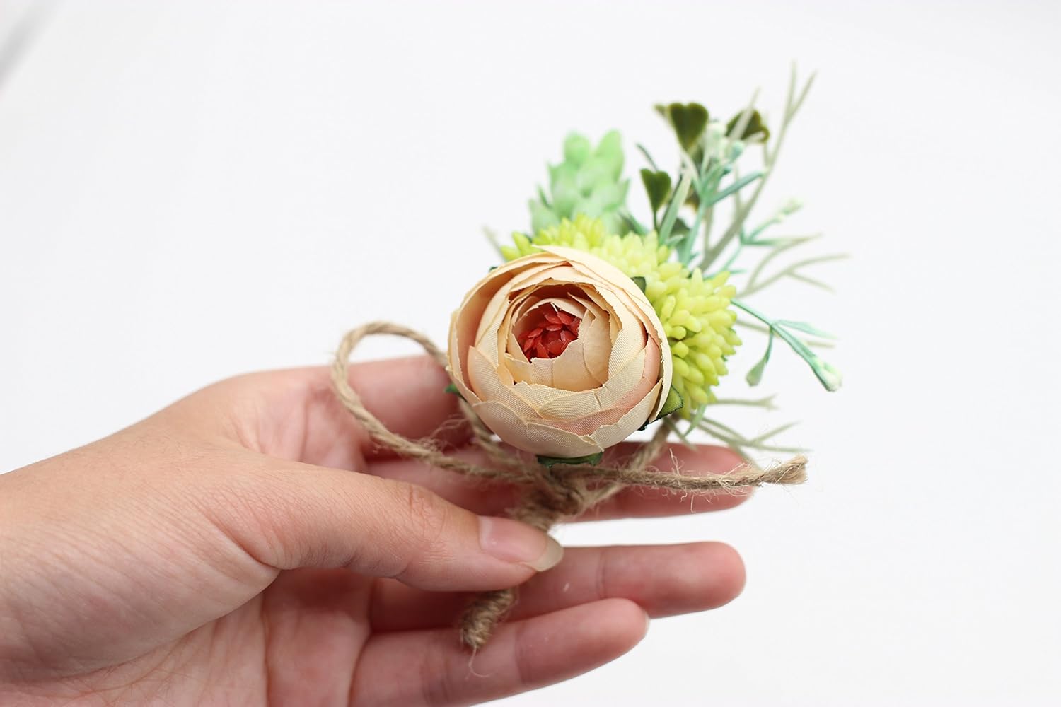 Artificial Peony Silk Flower Boutonniere Bouquet Corsage Wristlet Vintage Fake Succulent Plants Pink Peach for Wedding Decor 2 Pcs (Champagne)