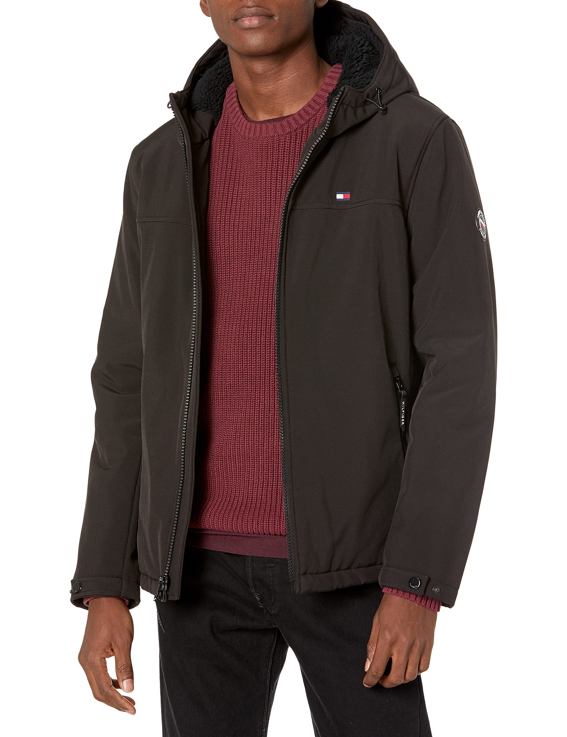 Tommy Hilfiger Mens Filled Soft Shell Hooded Open Bottom Jacket With Full Sherpa Lining