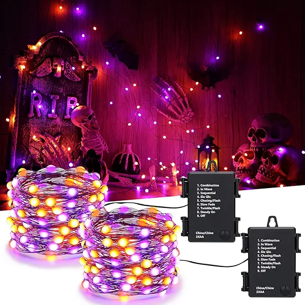 iBaycon 2 Pack 50 LED Battery Halloween Lights, 16.4ft Battery Operated Halloween Lights, Orange Purple Waterproof Twinkle Fairy Lights with 8 Modes & Timer for Indoor Outdoor Halloween Decorations