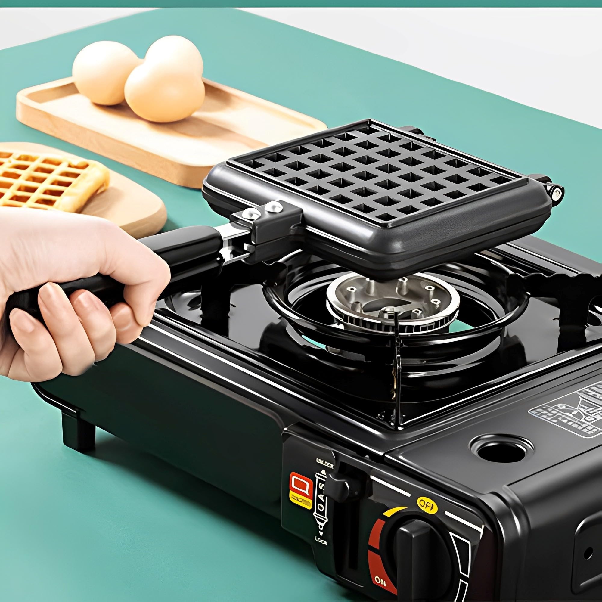Padella Waffle Maker Stampo con Manico Termoisolante, Waffle Iron, Macchine per Waffle, Cialda in Ferro, Utensile per Cottura a Muffa