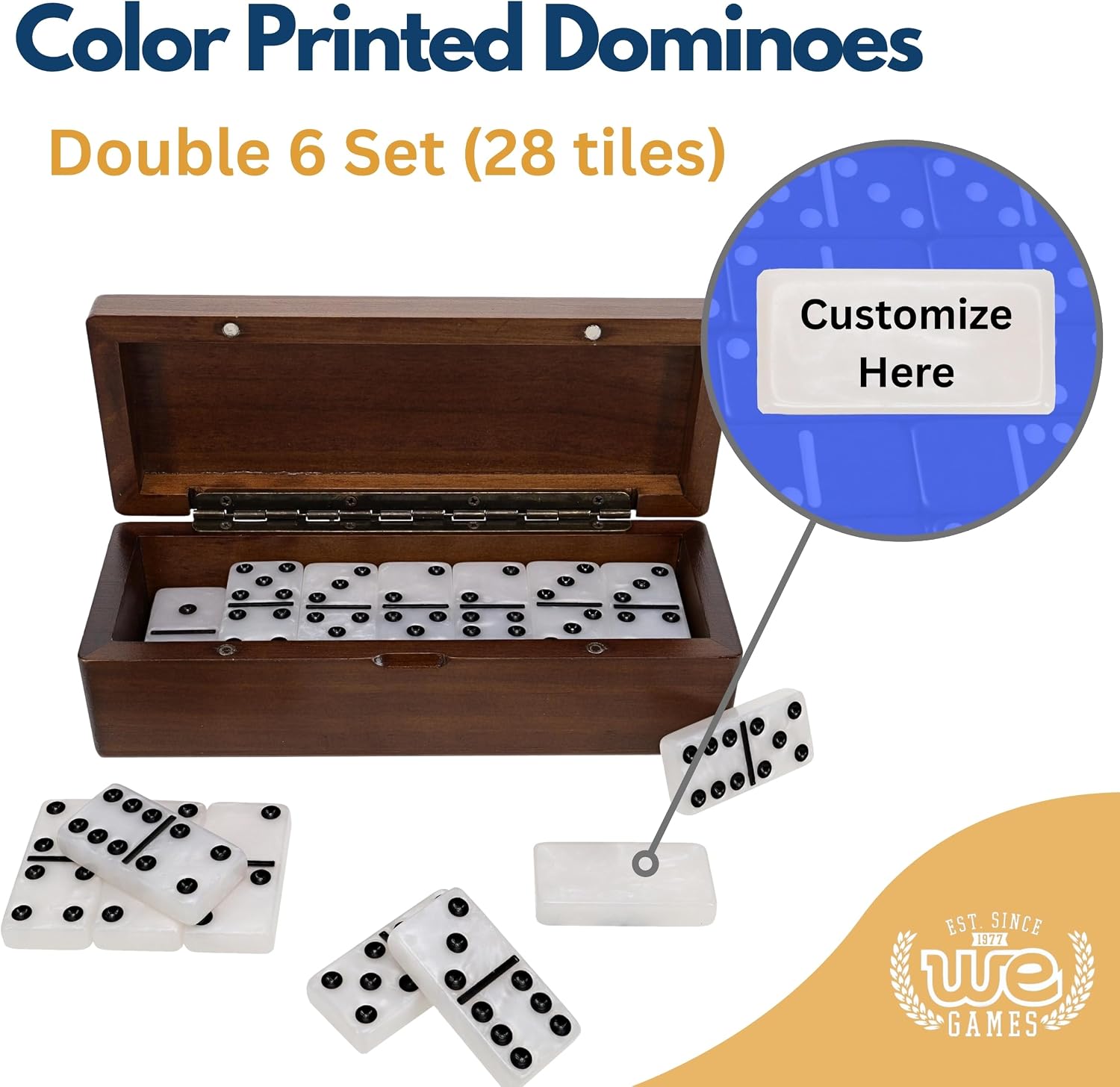 WE Games Custom Double 6 Marbleized Dominoes in Magnetic Wooden Travel Box, Laser Engraved Wooden Domino Box, Color Printed Double Six Domino with Marble Pattern, Classic Board Games, Tile Games