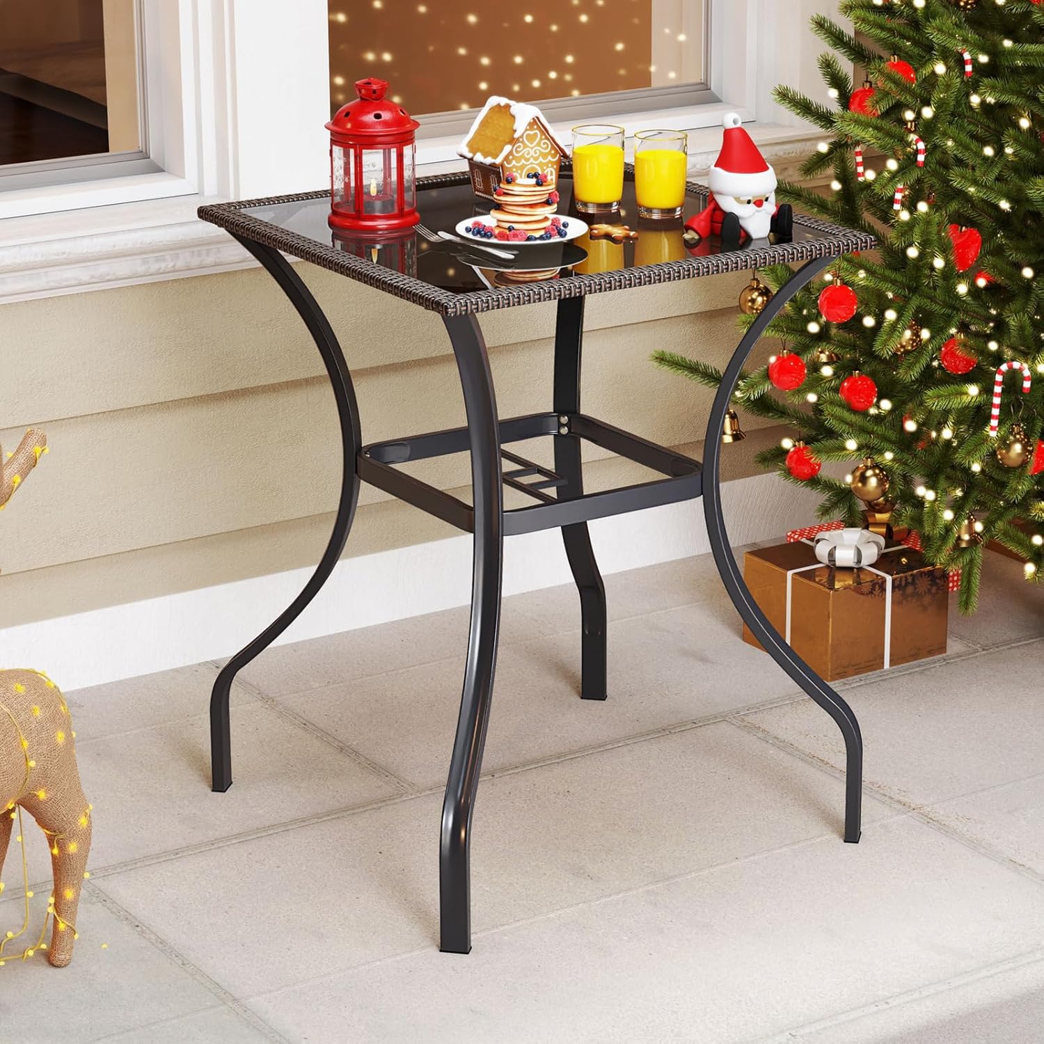HAPPYGRILL Patio Bar Table, 28.5 x 28.5 inch Outdoor Bar Height Dining Table with Rattan Edge & Heavy-Duty Metal Legs, 2 inch Umbrella Hole, Square Bistro Bar Table for Poolside, Backyard, Balcony