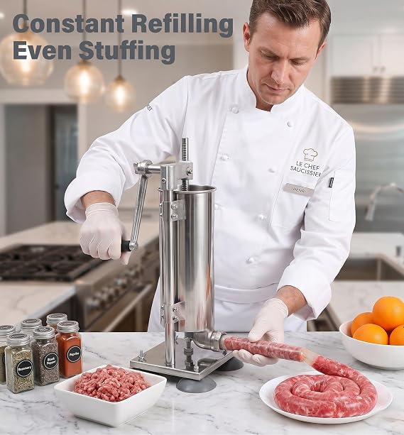 7LBS 3L Manual Sausage Stuffer Machine, Vertical 304 Stainless Steel Sausage Maker Press Machine, 8x Stuffing Tubes 15/16/19/22/25/28mm