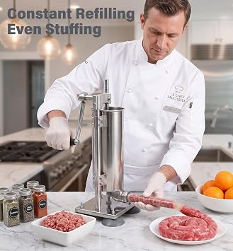 7LBS 3L Manual Sausage Stuffer Machine, Vertical 304 Stainless Steel Sausage Maker Press Machine, 8x Stuffing Tubes 15/16/19/22/25/28mm