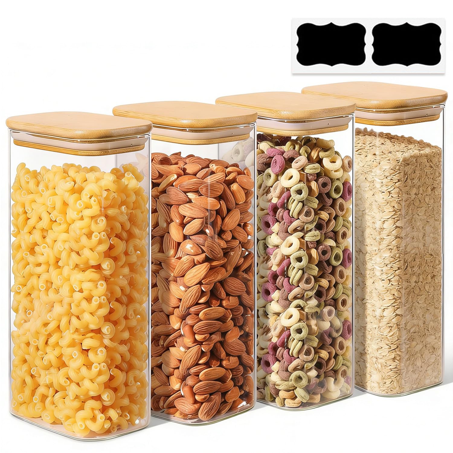 ComSaf Set di 4 Barattoli Vetro con Coperchio in Bambù 1,5L, Contenitori Pasta Rettangolari Ermetici per Cucina – Barattoli in Vetro Borosilicato per Cereali, Farina e Biscotti