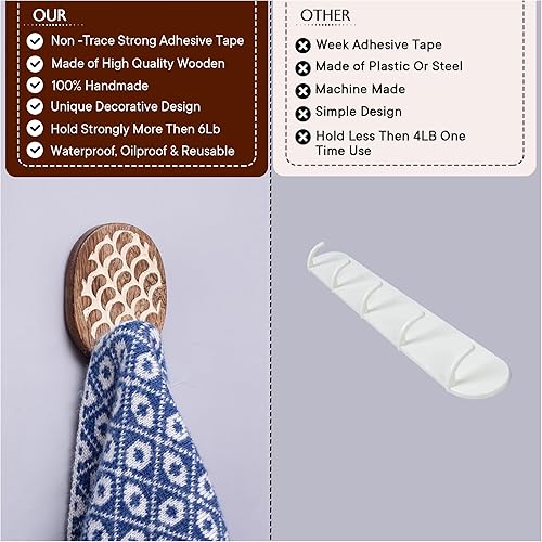 Miniatura 86 de Indian Shelf 3 ganchos, 6 tiras de ganchos de pared adhesivos de madera, ganchos decorativos de pared para colgar, gancho adhesivo bohemio