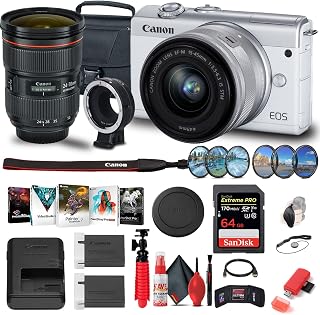 Canon EOS M200 Mirrorless Digital Camera with 15-45mm Lens (White) (3700C009) + Canon EF-M Lens Adapter + Canon EF 24-70mm Lens + 64GB Card + Case + Photo Software + More (Renewed)
