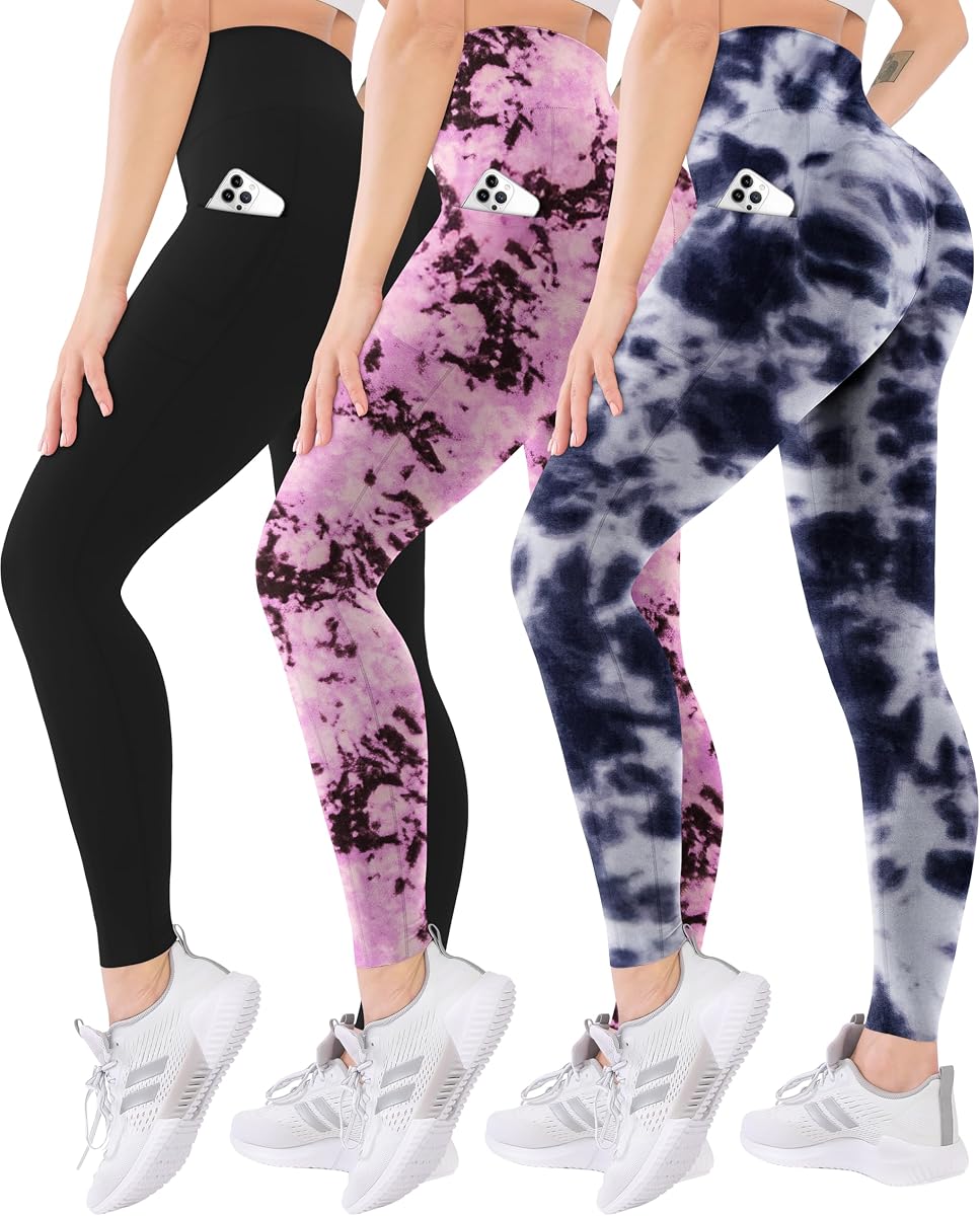 Blisset Paquete de 3 leggings de cintura alta para mujer con bolsillos, pantalones suaves y activos con control de barriga para yoga, correr y uso diario