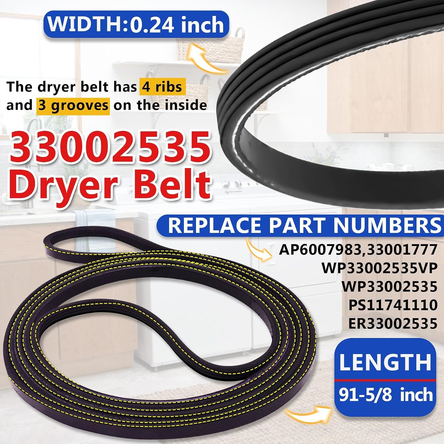Upgraded Dryer Repair Kit - Including Drum Rollers 303373K 12001541, Dryer Belt WP33002535, Idler Pulley WP6-3700340, Fit for May-tag Dryer, Replaces 303373 306508VP 33001783 33002535