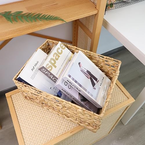 Miniatura 7 de Cesta rectangular de almacenamiento de jacinto de agua, cestas de mimbre para organizar, cestas de jacinto con asa, cesta decorativa de ratán para