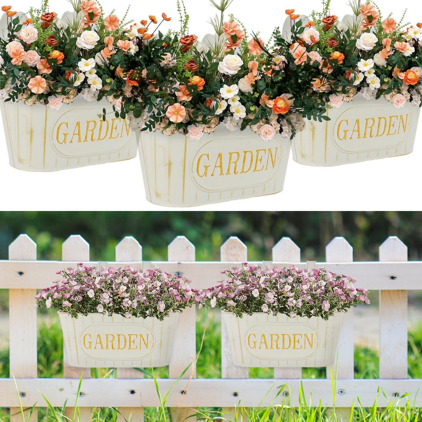Shaojian Beige 3Pcs Fence Hanging Plant Pot Vintage Metal Iron Hanging Baskets Outdoor Balcony Planter For Railing, Oval Rustic Flower Bucket With Detachable Hooks & Drainage Hole For Garden Porch Patio Deck