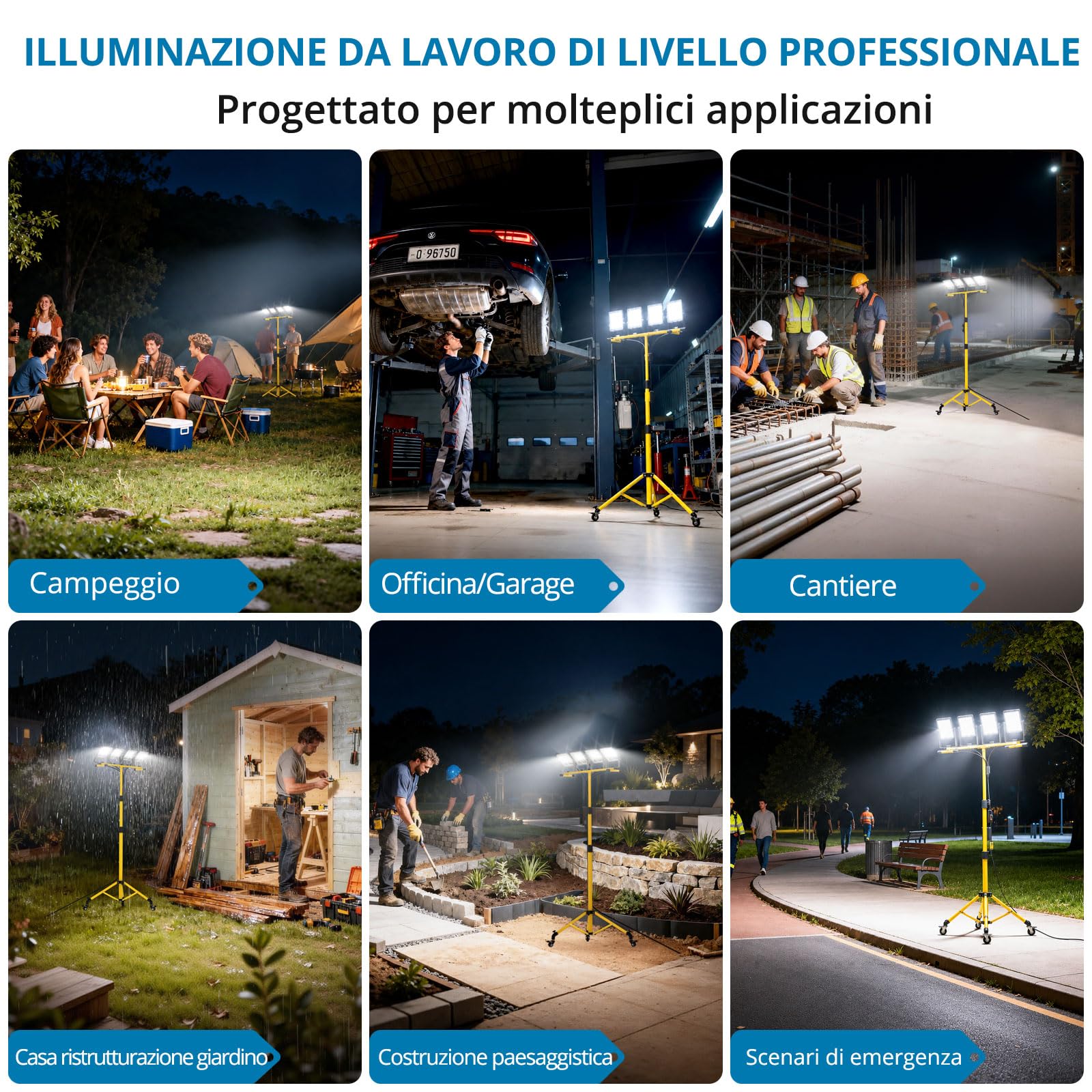 AUTOUTLET Faretto da Cantiere con Treppiede Allungabile e Ruote,4×70W 24123LM Faro Led da Esterno con Interruttore e Cavo di Alimentazione da 5 M,IP66 Impermeabile,per Garage Officina Campeggio