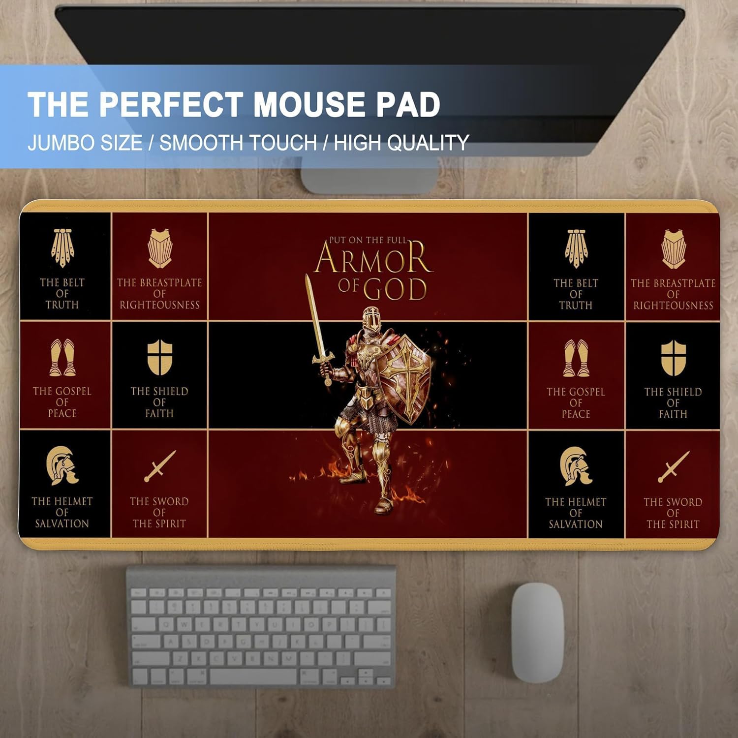 Christian Mouse Pad,Jesus XXL Gaming Mouse Pads,Inspirational Armor of God Mousepad,Large Waterproof Non-Slip Rubber Desk Mat with Stitched Edges Office Home Computer Desk Accessories,35.4 x 15.7 in