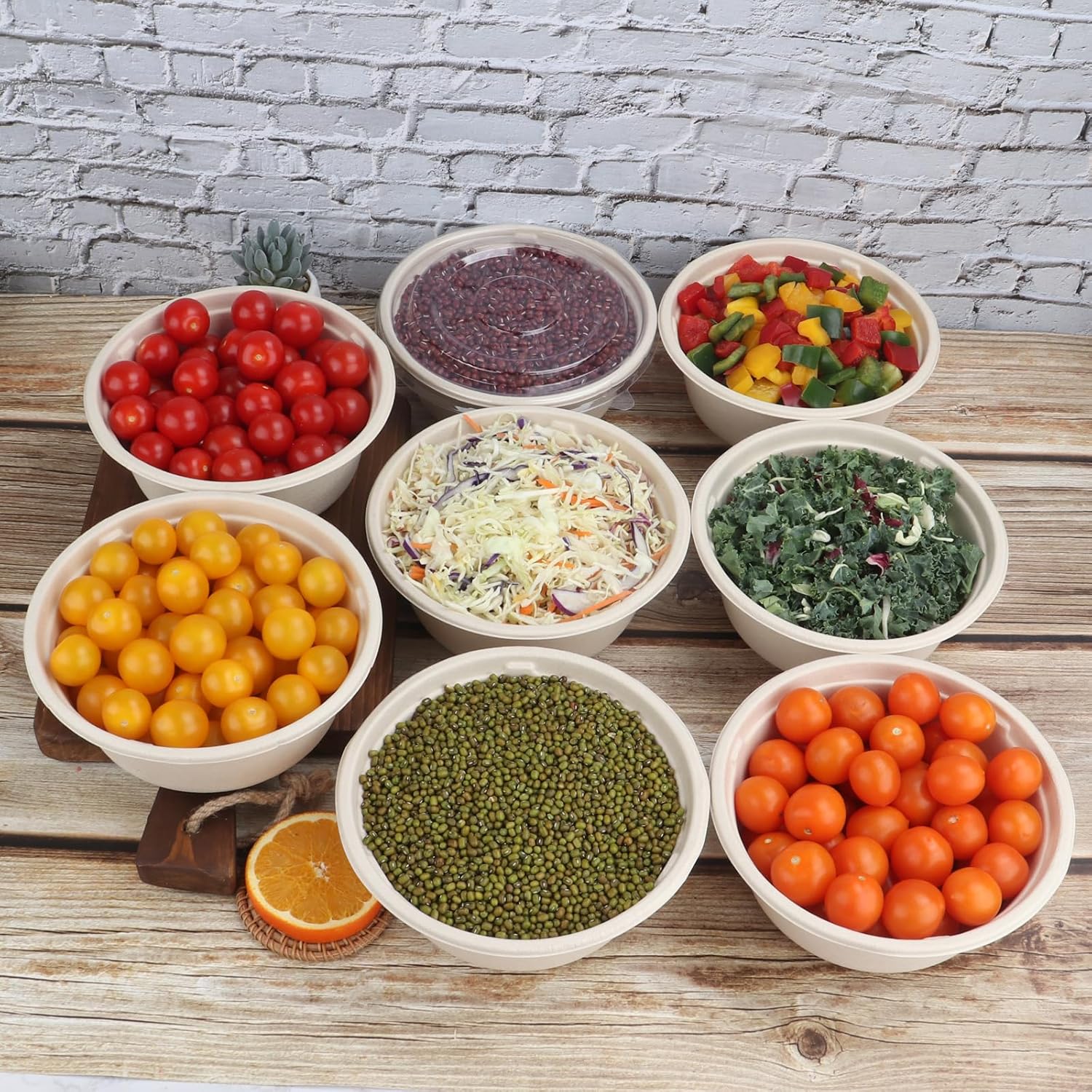 37 oz Disposable salad bowls with lids, Sugarcane Fiber Paper Bowls take away food containers Plant Fibers Freezer Safe 50 Pack