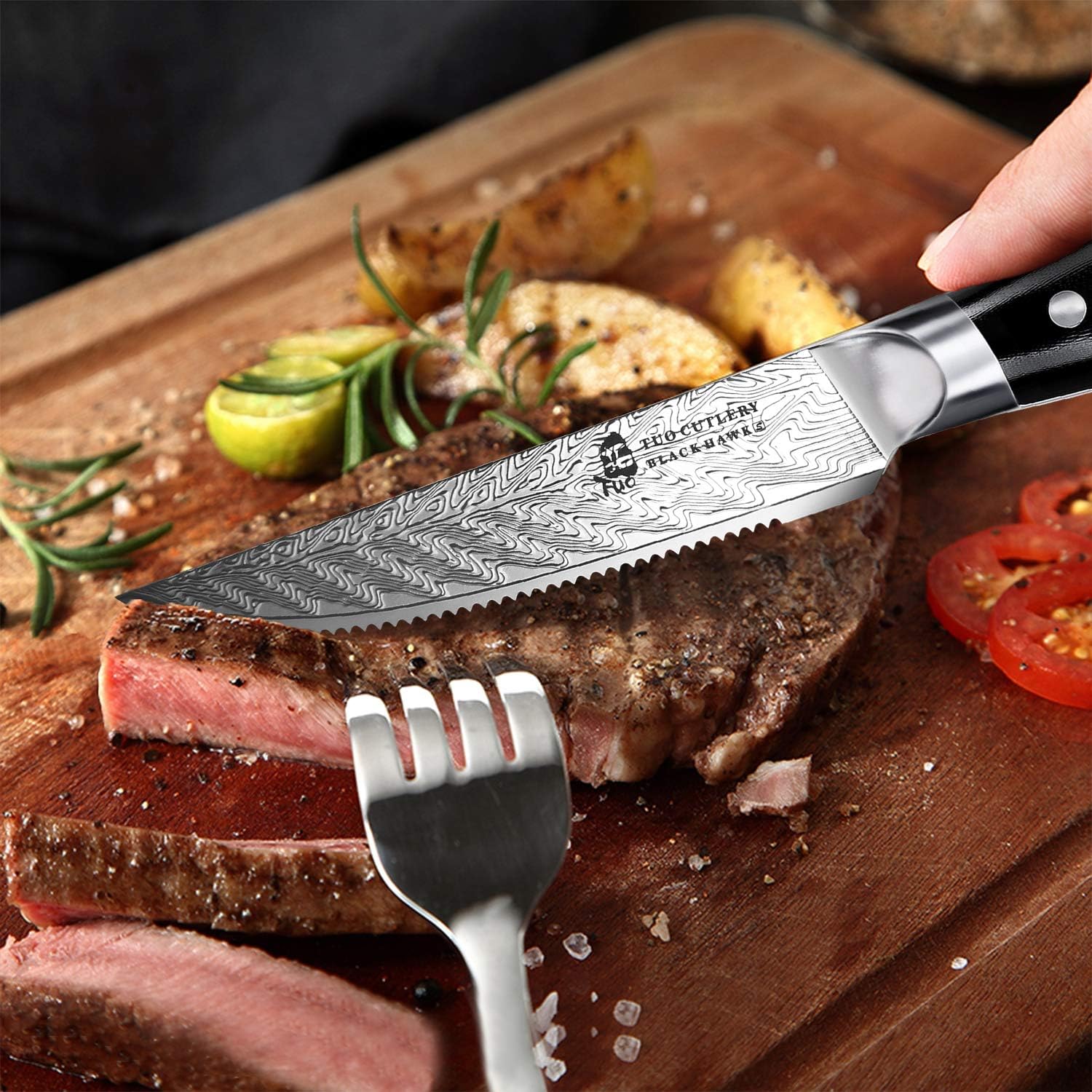 Bеѕt Quаlіtу 🔥 TUO Serrated Steak Set 5'' - Professional Kitchen Steak Knives Set of 4 - Triple Rivet Steak Knives G10 Full Tang Handle - BLACK HAWK S Series