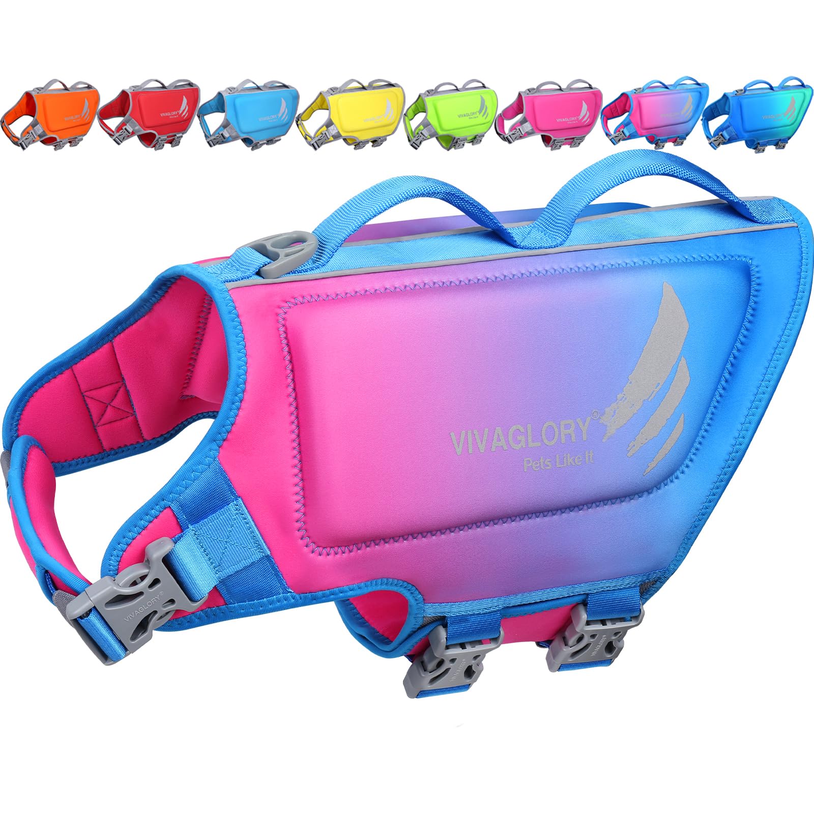 VIVAGLORY High Buoyancy Dog Life Vest, Swimming Vest with Handle, Dog Life Jacket for Swimming & Boating, Buoyancy for Puppy Doggy, XL, Pink Blue