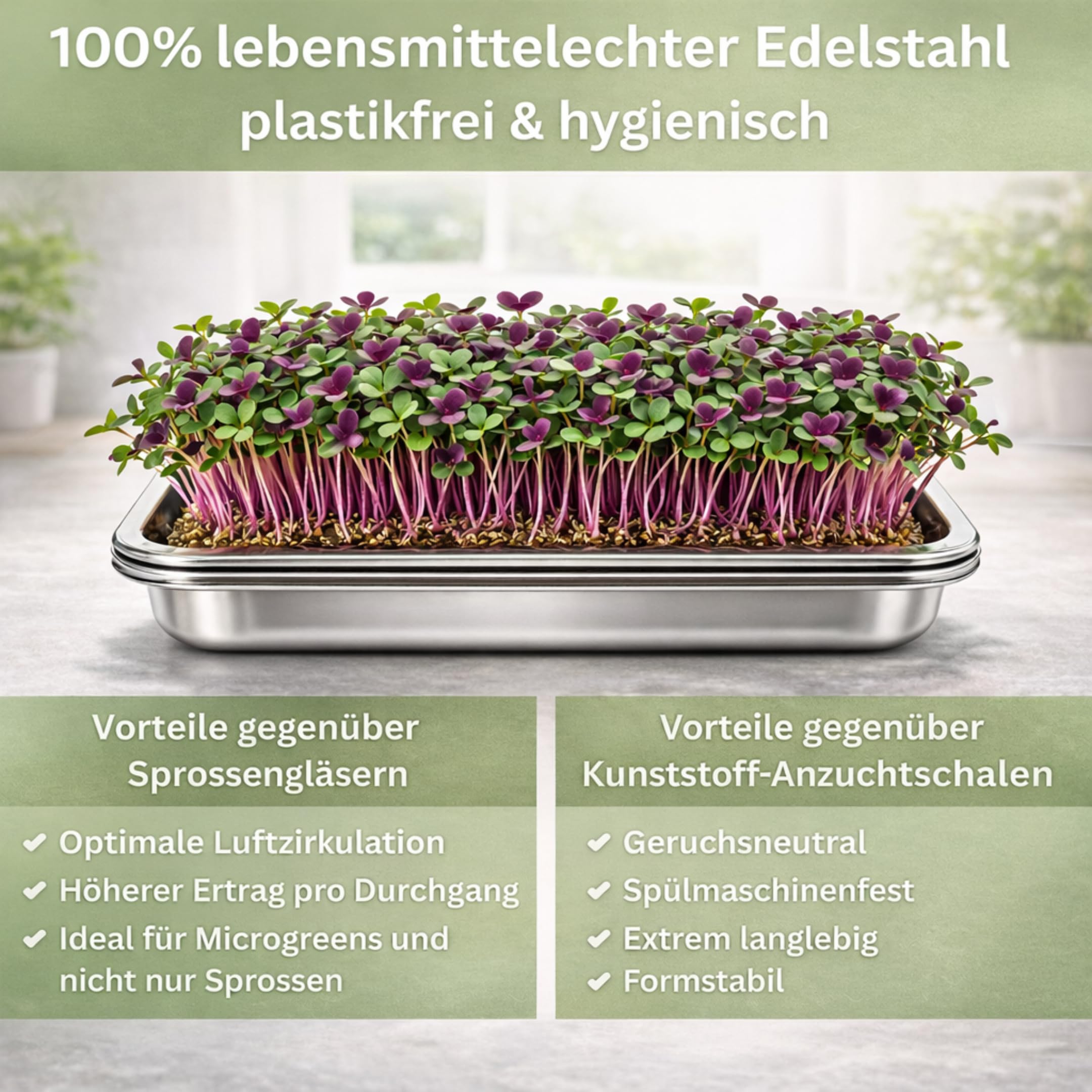 Friendly Fox Microgreens Anzuchtschale aus Edelstahl, 2er Set mit Hanfmatten, Keimschalen für Sprossen und Microgreens, Plastikfrei, 31x21 cm