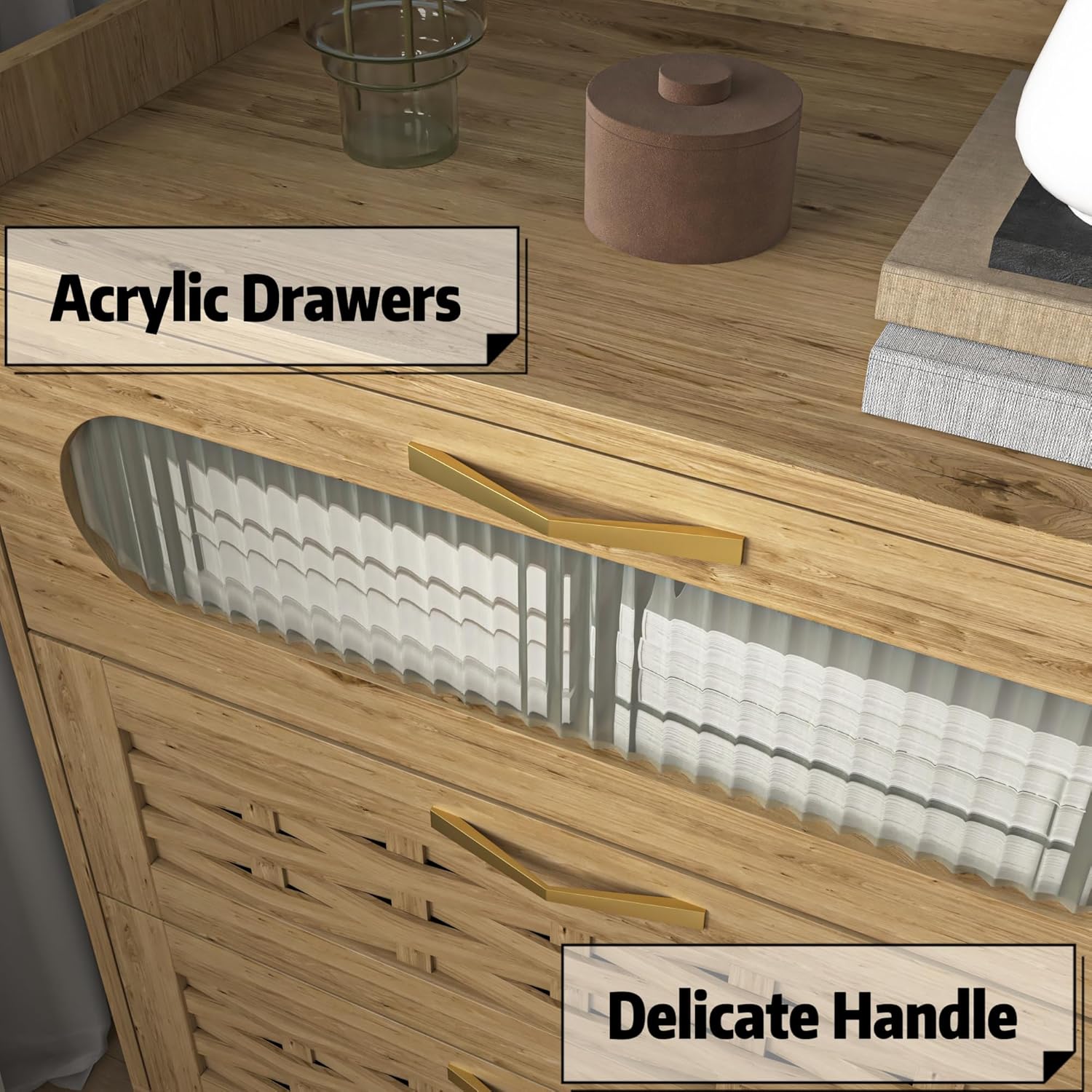 6 Drawers Dresser Bedroom, Rattan Farmhouse Wood Dresser, Chest of Drawers Bedroom Organizer,Dresser TV Stand Living Room