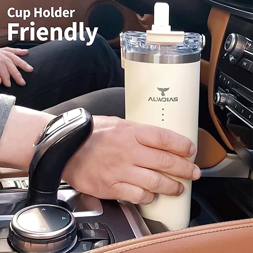 Miniatura 4 de Samsta - Vaso aislado de acero inoxidable de 32 onzas con tapa superior abatible a prueba de fugas, pajilla y asa, botella de agua fría para viajes,