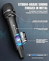 Vista 4 de Micrófonos inalámbricos, micrófono de karaoke profesional, sistema UHF de doble micrófono con rango de 260 pies, micrófono portátil de metal