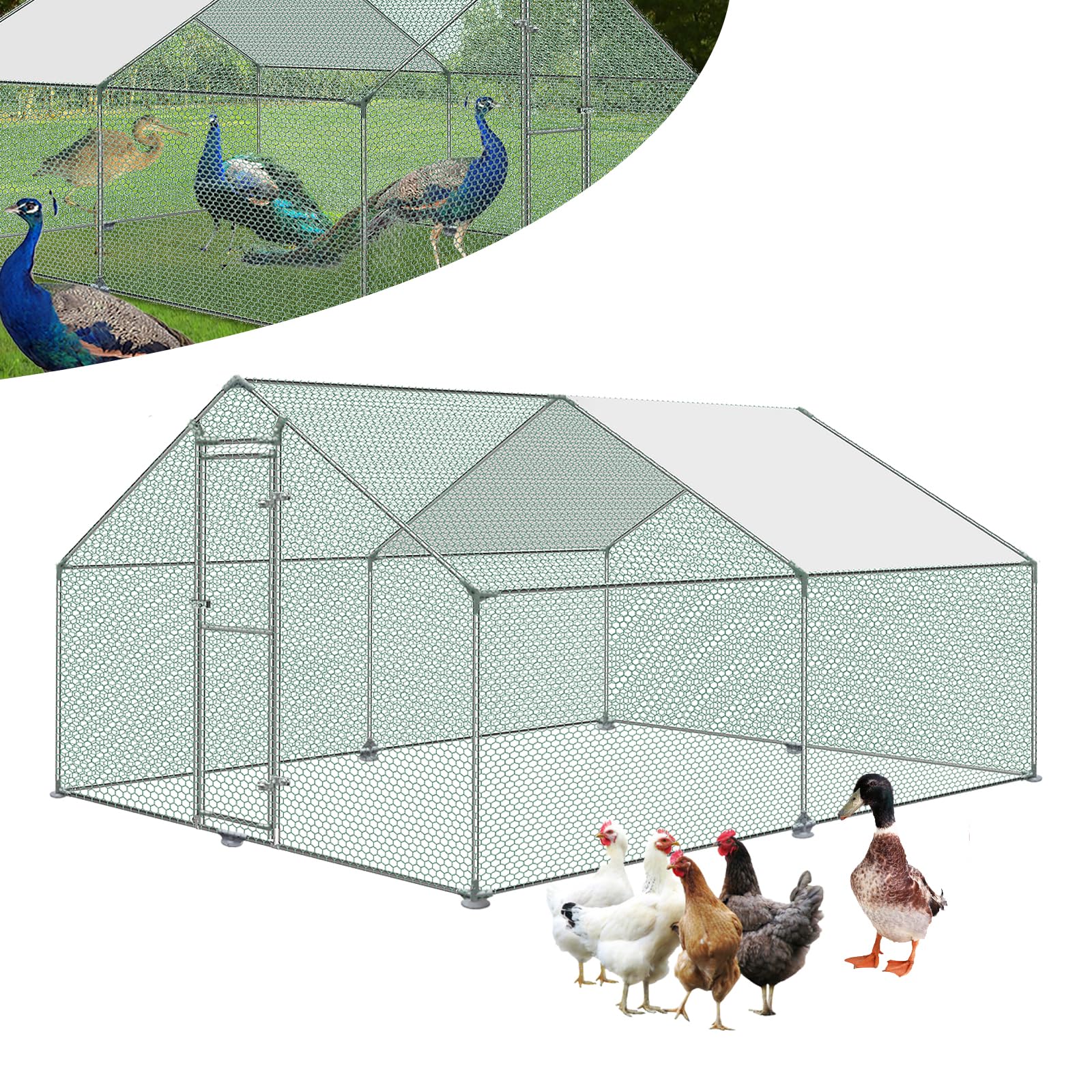Gallinero de metal con techo de protección solar, cerradura, cercado al aire libre, pajarera, gallinas, cercado para animales pequeños (3 x 4 x 2 m)