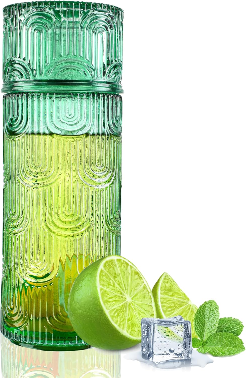 Kanpura Green Bedside Water Carafe Set with Tumbler Glass Carafe for Bedroom, Mouthwash Dispense for Bathroom, Night Stand Water Glass with Cup for Nightstand (28.5 oz /850 ml)