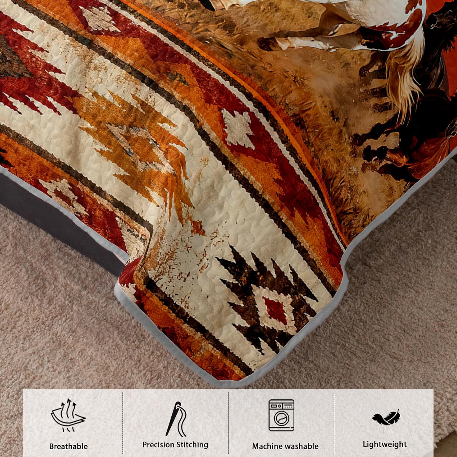 AILONEN Western Cowboy Quilt Set King Size - Wild Horses & Southwestern Aztec Print Bedspread Coverlet, Rustic Western Sunset Bedding with 2 Pillowcases