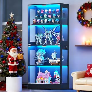 Tempered Glass Display Cabinet with 3CCT Motion Sensor Light, 4-Tier Curio Case for Collectibles, Storage Shelf with Glass Doors, Bookcase, Showcase, Black