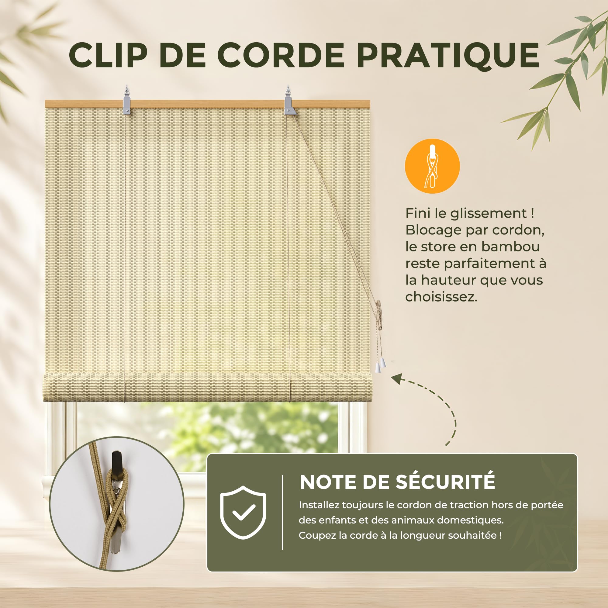 HOMEDEMO Store Enrouleur Bambou, Occultant pour Fenêtre, Protection Intimité, Intérieur Extérieur, Facile à Installer, Store pour Salon, Beige, 150l x 220L cm