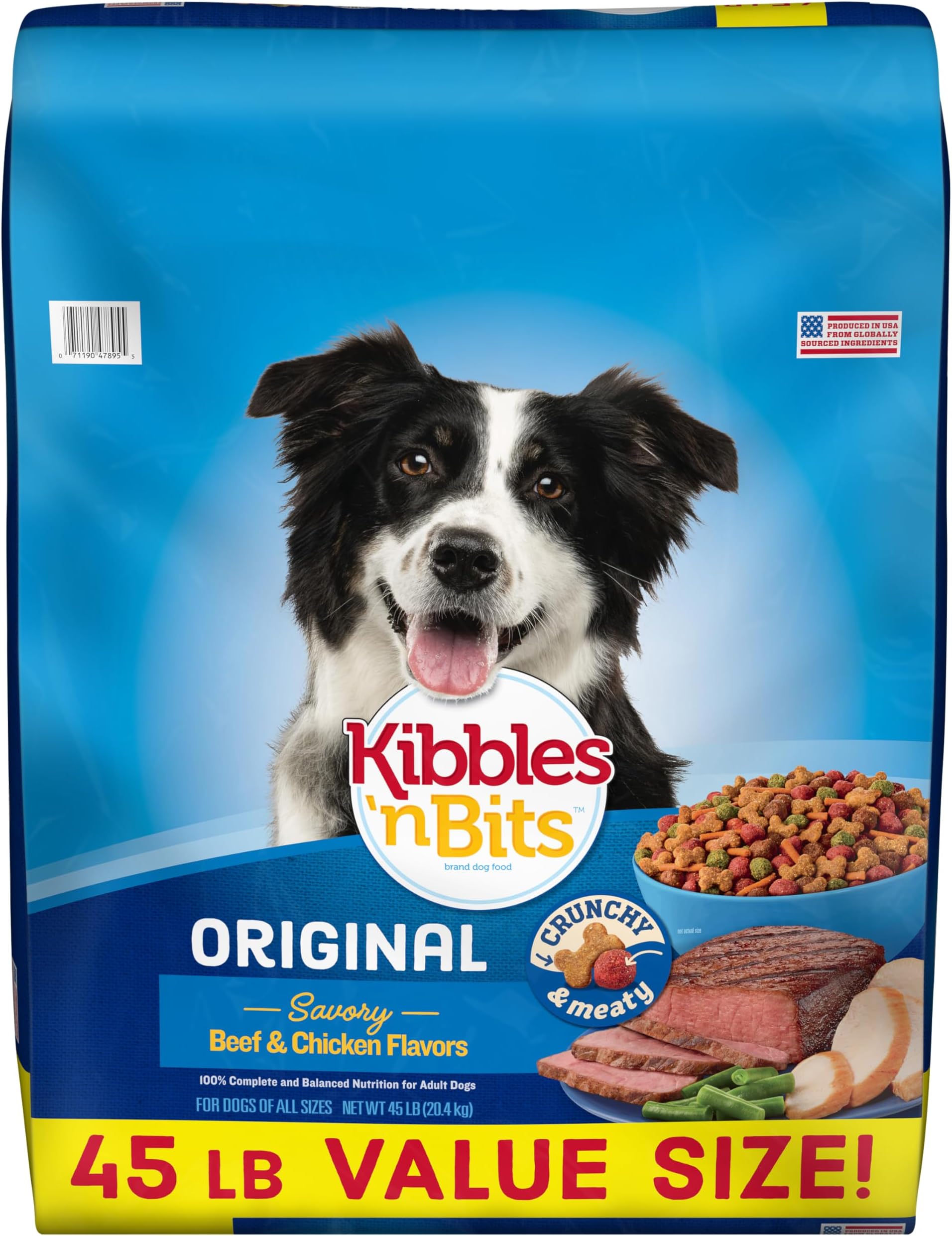 Kibbles 'n Bits Original Dry Dog Food, Savory Beef & Chicken Flavors for Adult Dogs, 45 lb. Bag