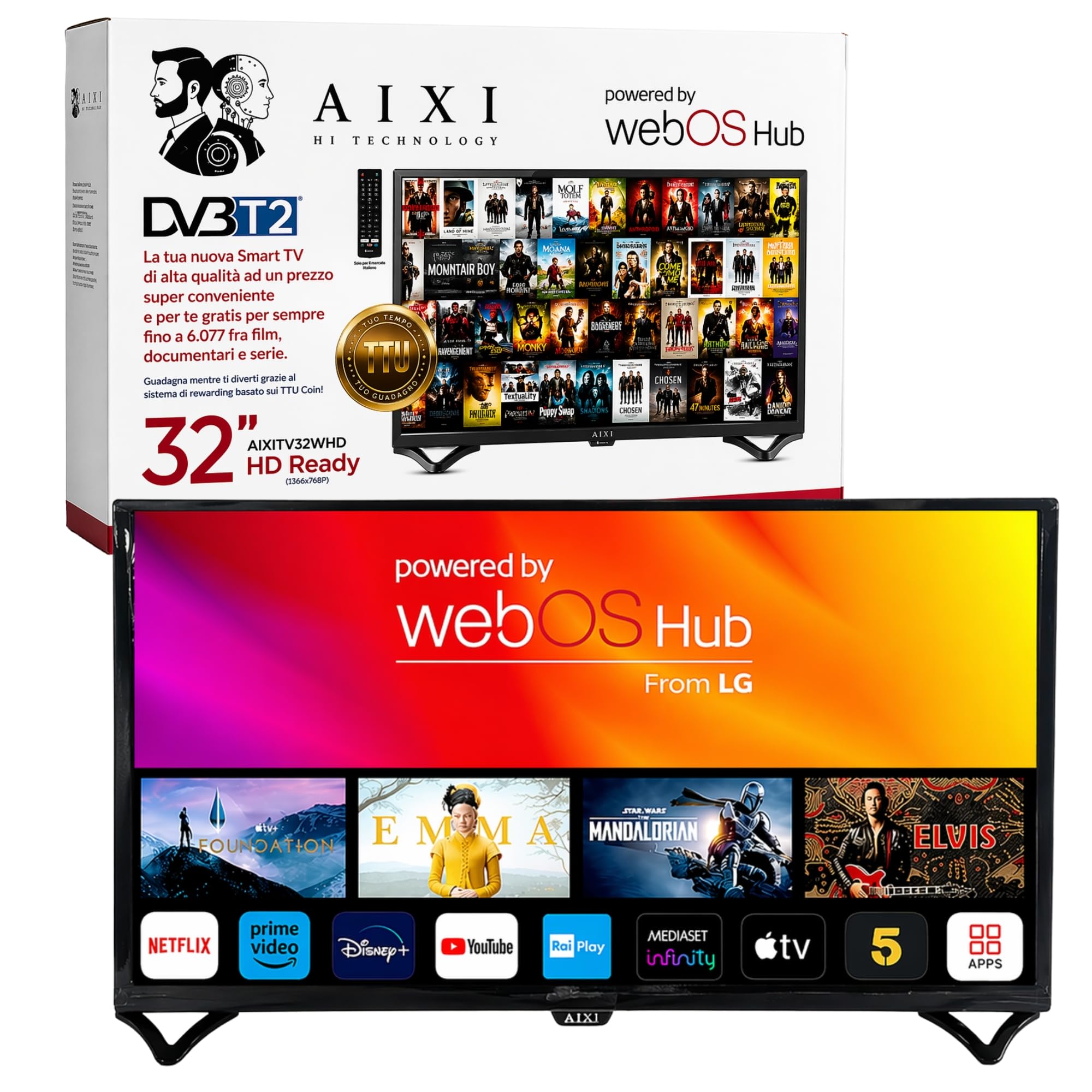 Generico Smart TV 32" - HD Ready (1366×768), Wifi, Bluetooth, 2 USB - 3 HDMI, Sistema WebOS hub, oltre 6000 Film Documentari Inclusi - App Integrate, Telecomando
