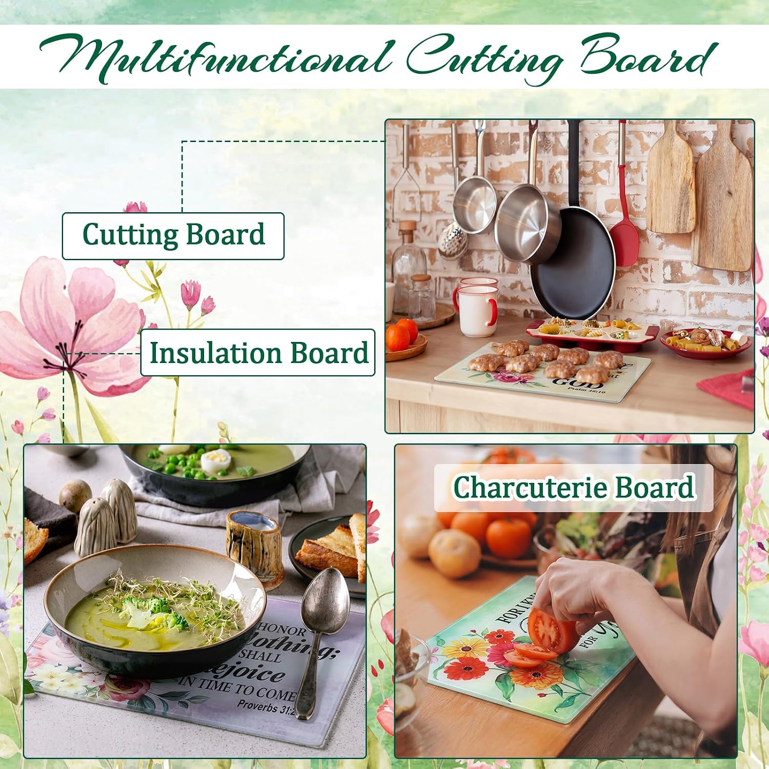 Domensi 4 Pack Christian Glass Cutting Board Religious Gifts for Women Floral Bible Verses Tempered Glass Cutting Chopping Board Kitchen Inspirational Faith Gifts for Women Her Birthday Christmas