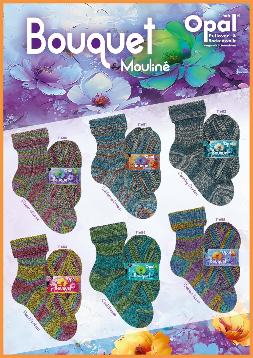 Opal Bouquet Mouliné Wool Sock Yarn, 100g Self-Patterning Knitting Yarn for Socks & Accessories (11681)