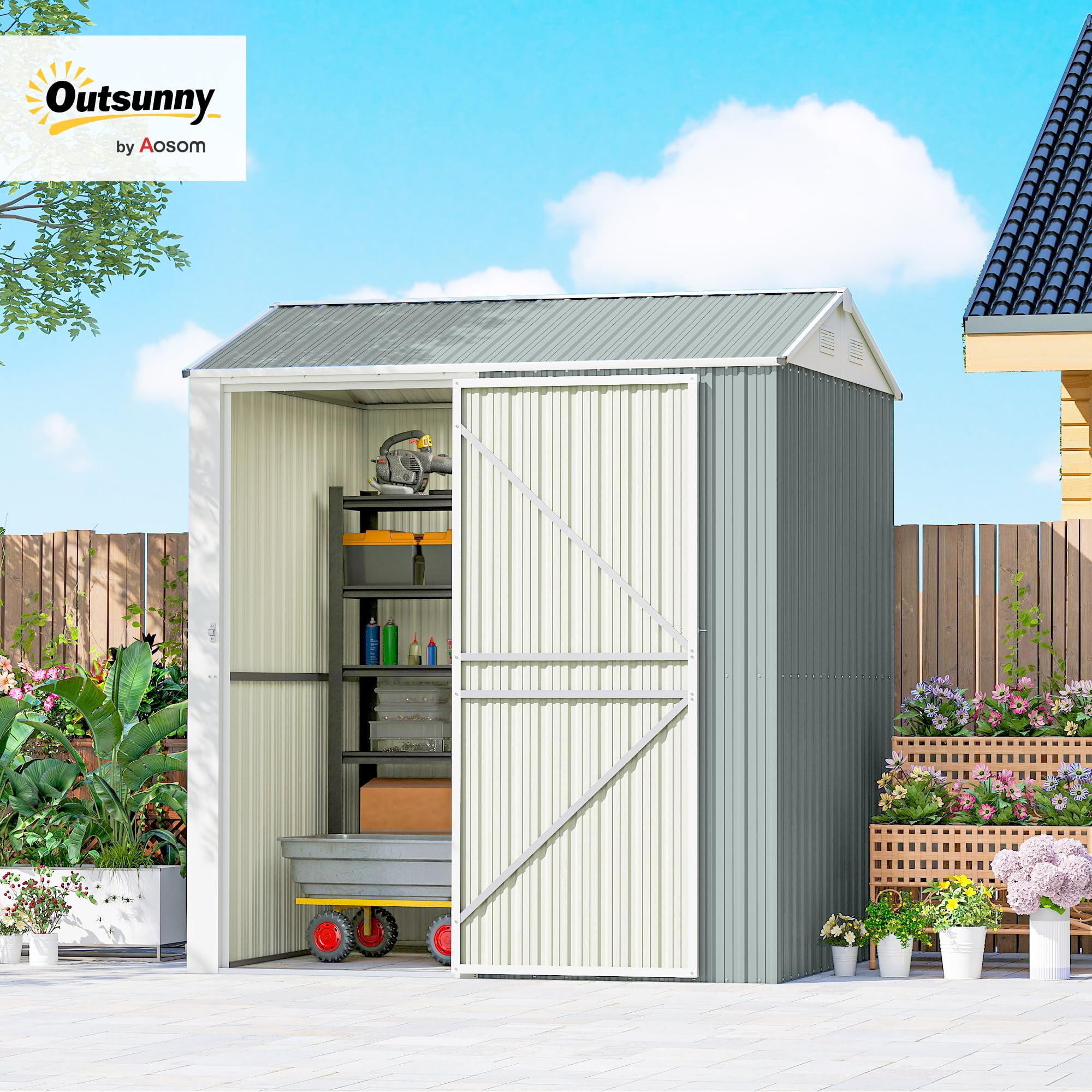 Outsunny Metalowy Domek Ogrodowy 3,5 m², Wysoki Zamykany Schowek z Pochyłym Dachem, Wentylacją i Rękawicami, 209 x 177 x 236 cm, Jasnoszary