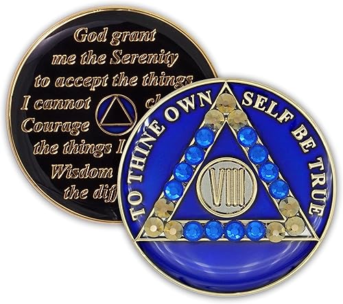 Vista 12 de Moneda de sobriedad de 5 años Ficha de aniversario de recuperación de medallón de chip AA cristalizado azul con oración de serenidad